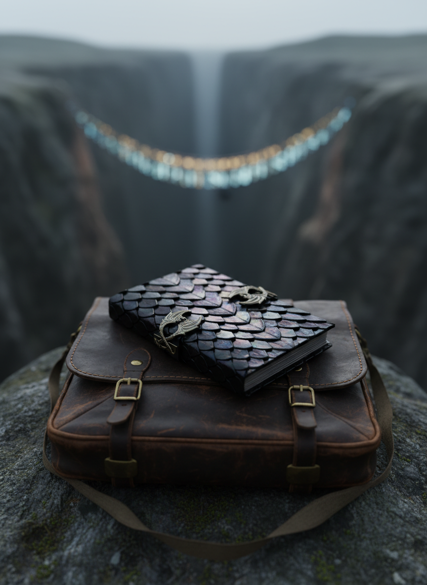 A close-up, cinematic shot of a dragon scale journal resting on a rugged travel satchel, both placed on a mossy rock at the edge of a dark ravine. The journal’s cover resembles interlocking obsidian scales with subtle iridescent highlights, secured by a clasp shaped like entwined wings. Across the ravine, barely visible, stands a faintly glowing bridge of light formed from intertwining runes. Soft, overcast sky diffuses cool light across the scene, while the bridge emits a gentle, warm radiance. Photographic realism with shallow depth of field, emphasizing texture of the scales and worn leather straps. The mood captures the moment before a perilous yet redemptive journey, inviting readers into transformational adventure.