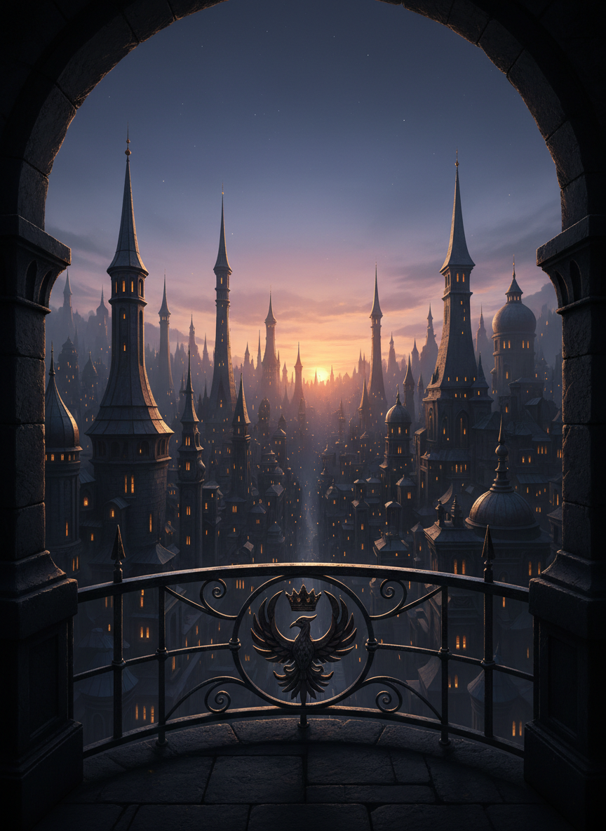 A dramatic fantasy cityscape at twilight, seen from a high balcony of black stone. Below, slender towers and domes in slate and bronze rise from a city half in shadow, half bathed in the last amber light of sunset. Here and there, tiny points of golden light ignite—lanterns and hearths—like sparks of courage against encroaching night. In the foreground, an iron railing bears an emblem of a phoenix and a crown, suggesting themes of rebirth and rightful rule found in the author’s stories. Photographic realism, wide-angle composition with sharp focus throughout, shifting sky from violet to indigo, creating a sophisticated, epic yet hopeful atmosphere.