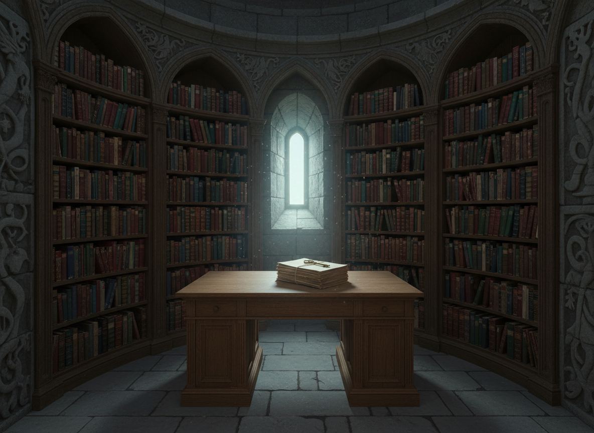 An ornate writing nook carved into the curved wall of an ancient library tower, with towering shelves of well-worn fantasy tomes fading into shadow. At the center sits a sturdy oak writing desk, its surface clean except for a single manuscript stack bound with a simple cord and a brass key resting atop it, hinting at a debut saga. A narrow window slit admits pale, cool morning light, catching dust motes that glow like tiny stars. Photographic realism with a slightly elevated angle, deep focus capturing every wood grain and leather spine. The atmosphere is contemplative and sophisticated, a quiet refuge where stories that glorify courage and goodness are painstakingly crafted.