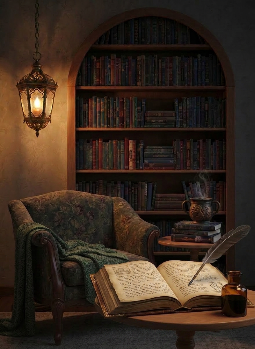 A sophisticated fantasy author “bio” scene without any people: a high-backed charcoal armchair with a folded forest-green throw draped over one side, positioned beside a small round table stacked with three distinct fantasy novels, each with richly illustrated covers of castles, dragons, and blazing constellations. A ceramic mug with rising steam sits atop the uppermost book. Behind, a tall bookshelf arcs like a halo, filled with spines in deep jewel tones. Warm lamplight from a shaded floor lamp creates a cozy pool of light, while the rest of the room recedes into gentle shadow. Photographic realism, eye-level composition, inviting mood that suggests community, comfort, and long conversations about stories that matter.