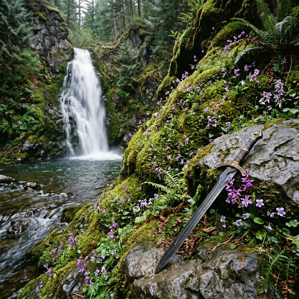 Sword resting on mossy rocks surrounded by purple flowers near a forest waterfall