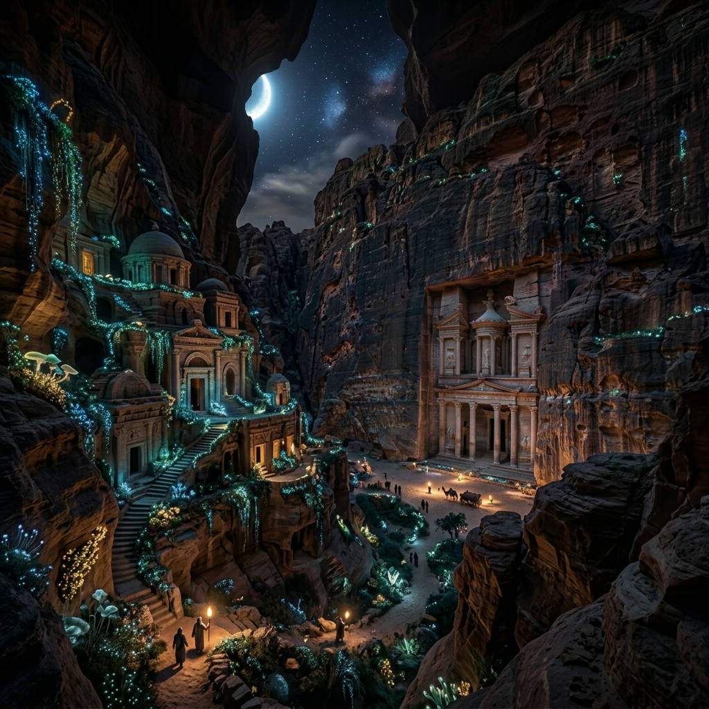 Ancient cliff city glowing with blue and green bioluminescent plants at night under a crescent moon.