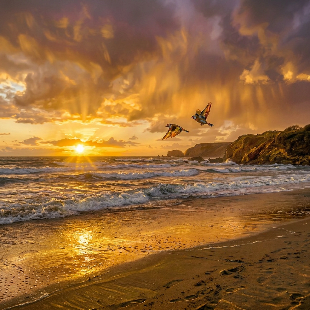 Two birds flying over a beach at sunset with waves and rocky cliffs